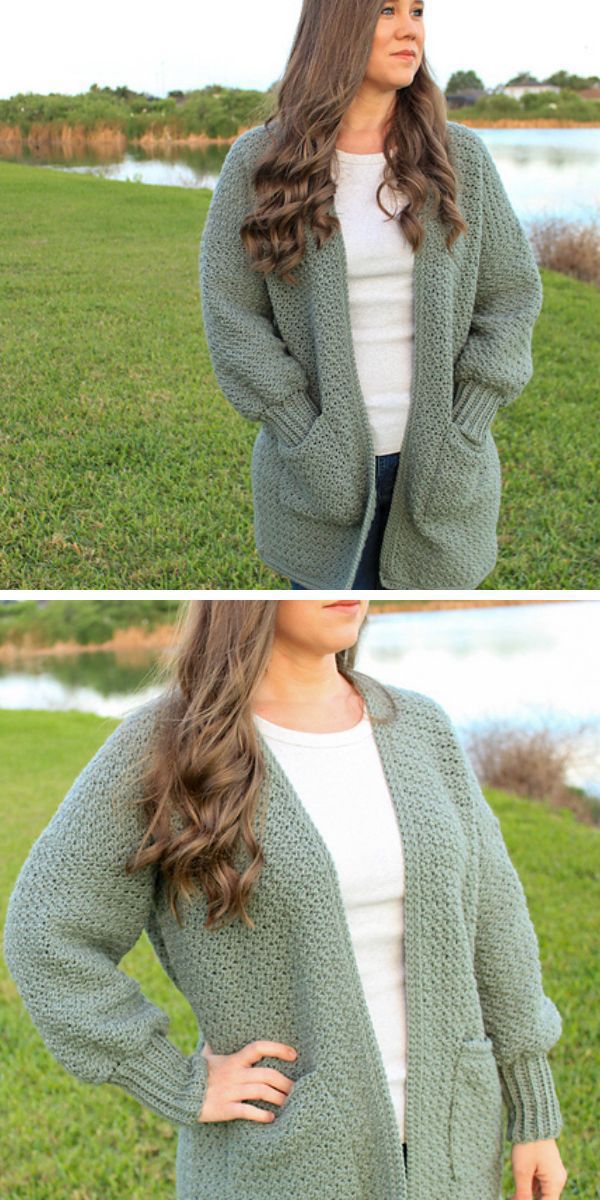 A woman wearing a green crochet cardigan with pockets.