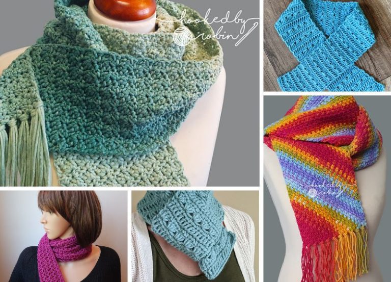 A collage of five different crocheted scarves in various colors and patterns, including gradient greens, solid light blue, gradient reds to yellows, and solid pink.