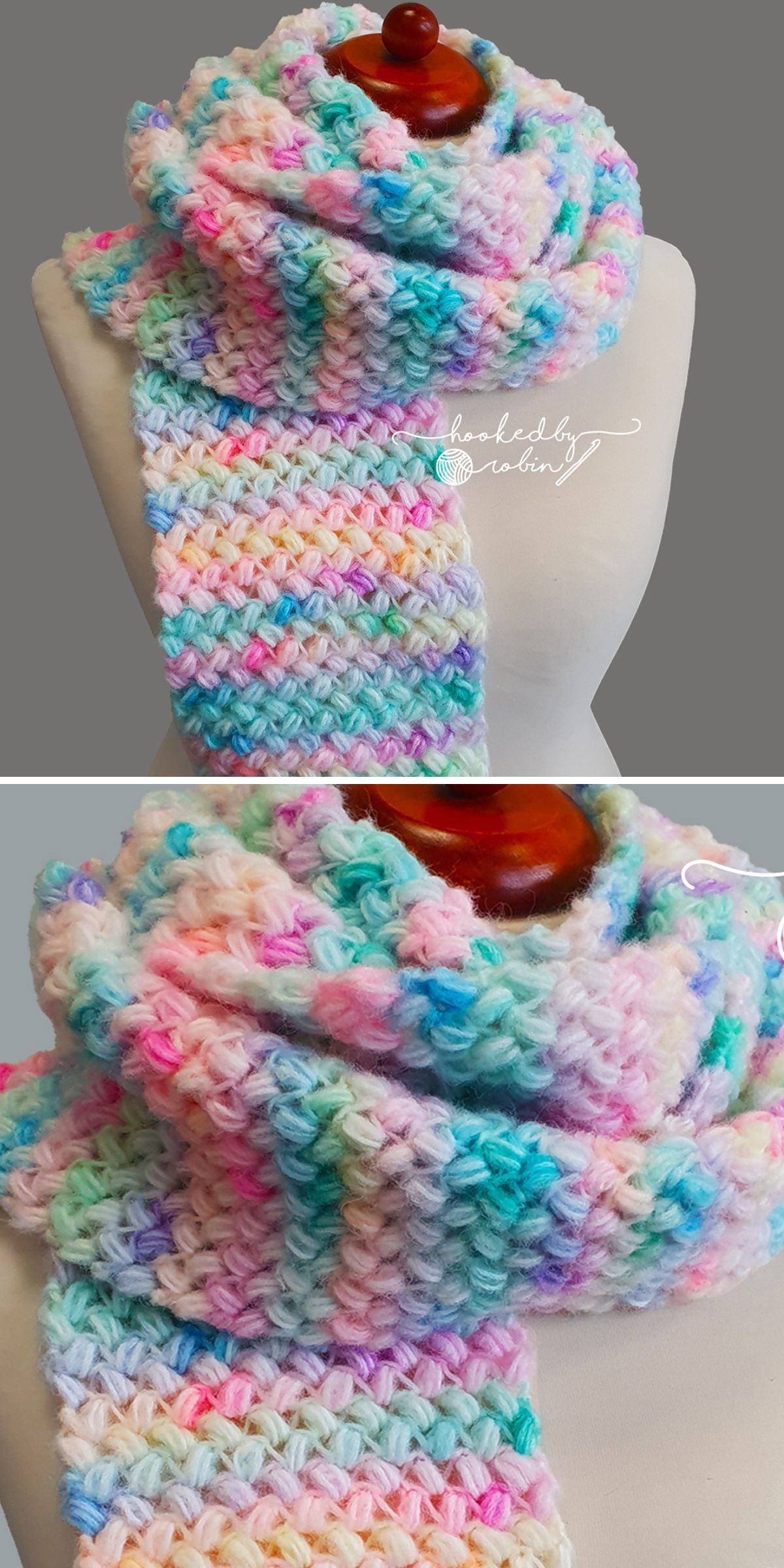 A mannequin showcases one of the finest crochet scarves, featuring a colorful crocheted scarf with a multicolored pattern in pastel shades.