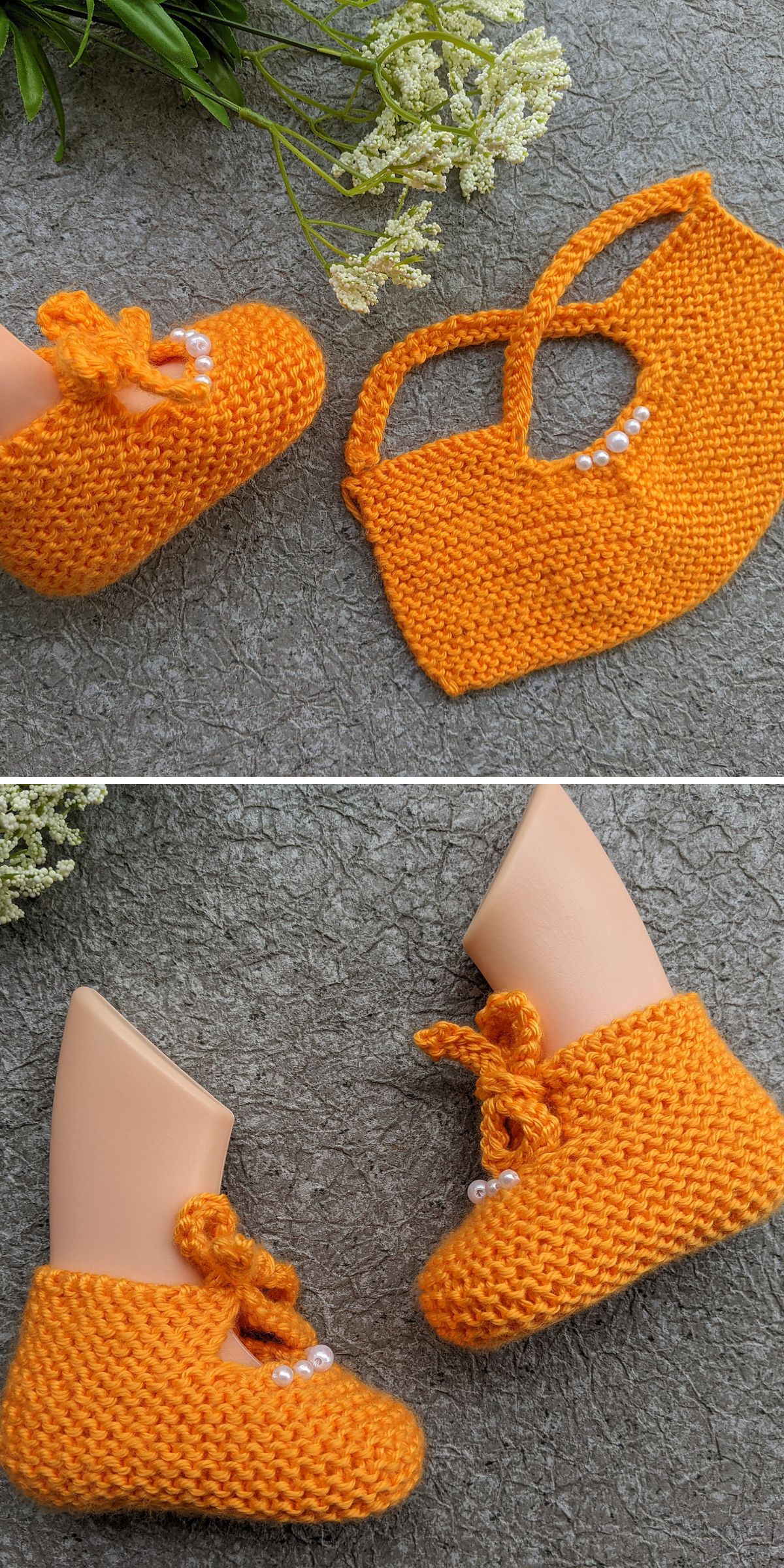 orange knitted baby booties adorned with beads