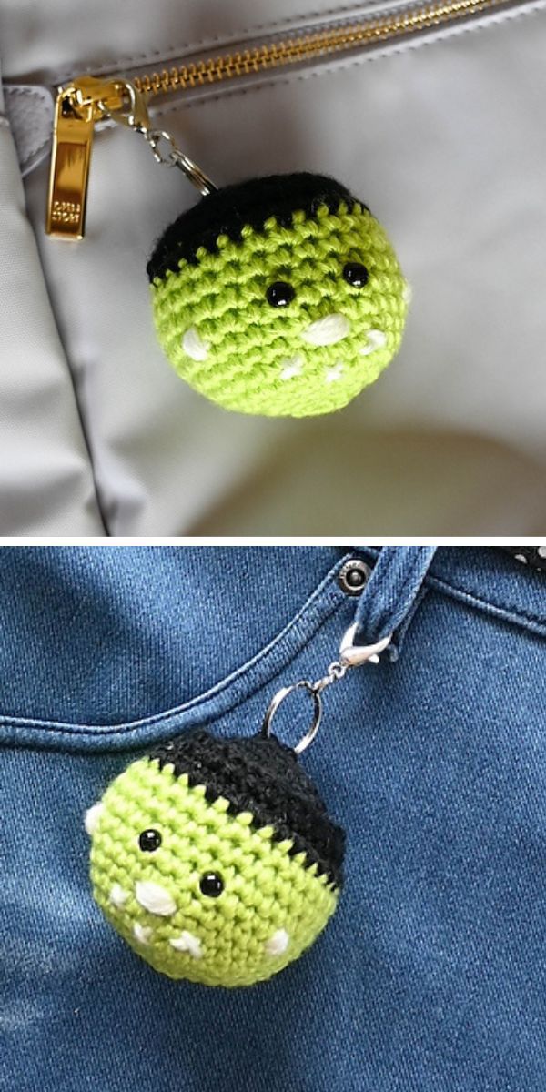 Two images showcase a crocheted keychain attached to a zipper.