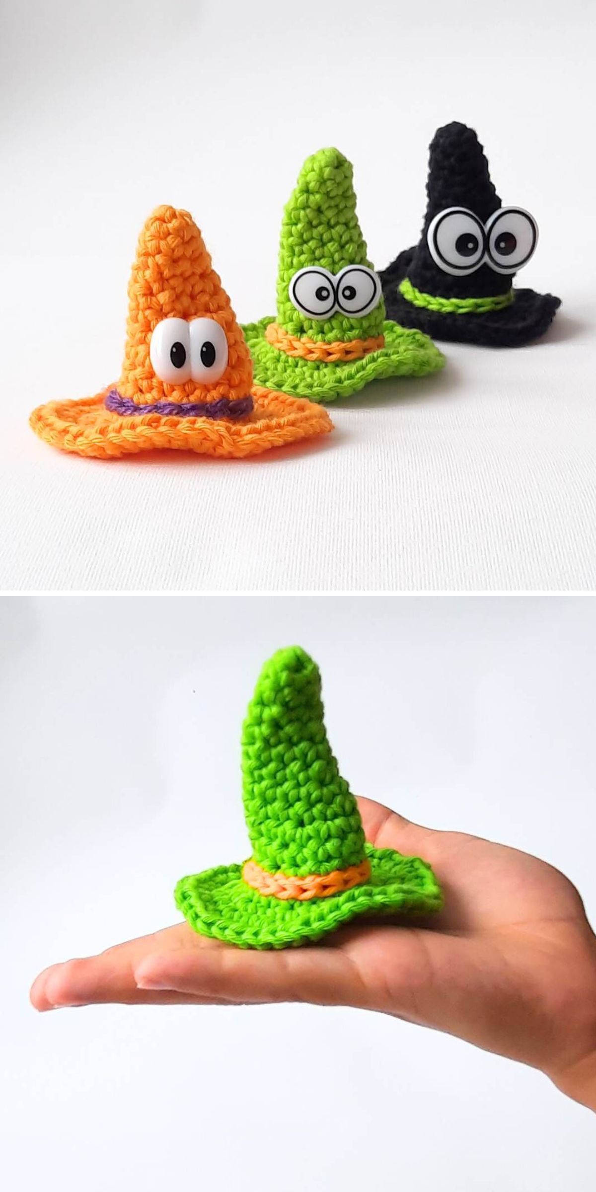 Three small crocheted witch hats with googly eyes in festive shades of orange, green, and black are showcased. 