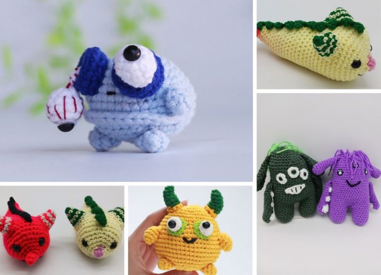 A collage of colorful Crochet Monsters in various shapes and sizes, including a blue cyclops, a yellow creature with green horns, and others in red, green, yellow, and purple.