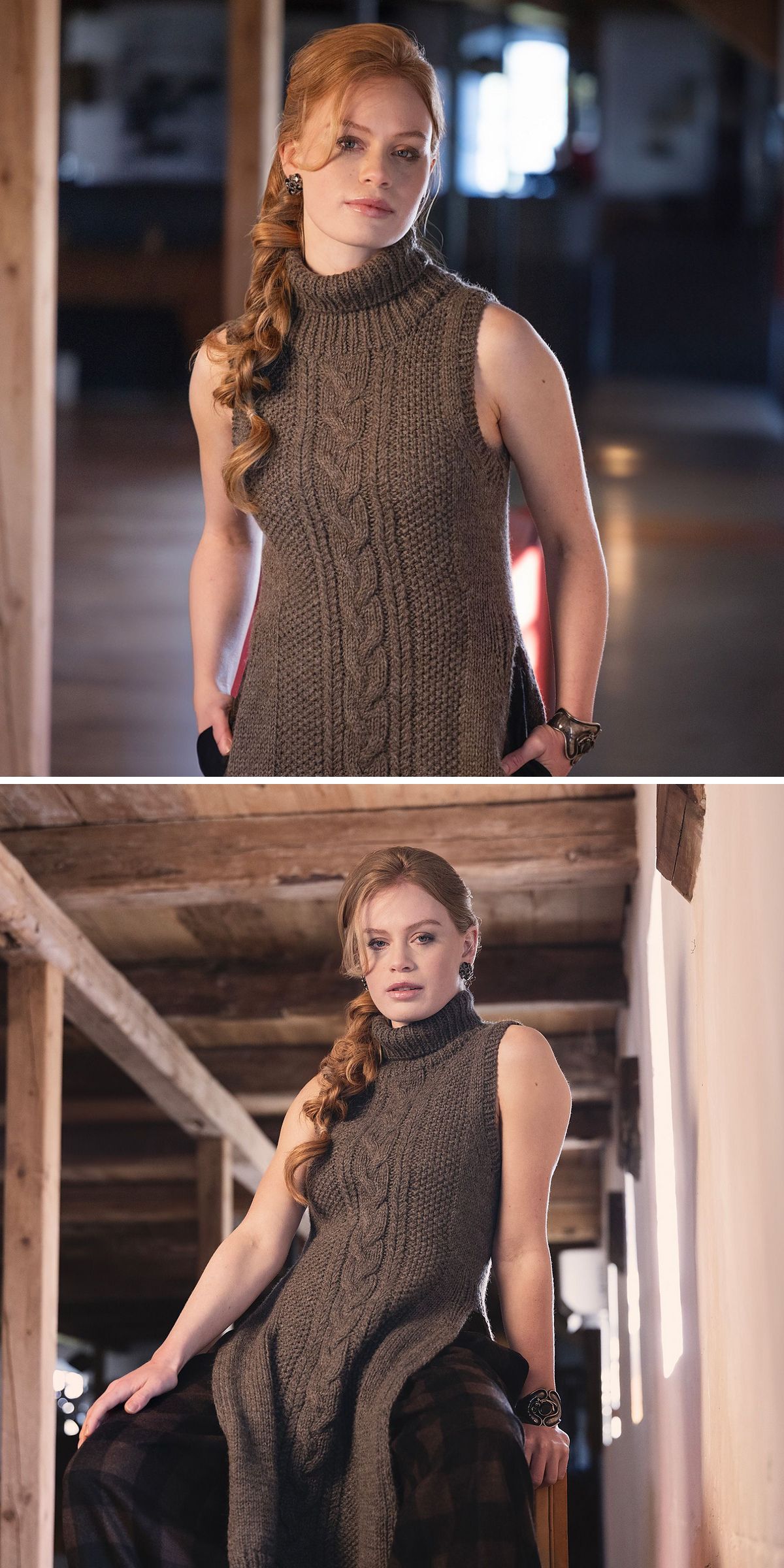 a knit dress with a ribbed turtleneck and high side slits 