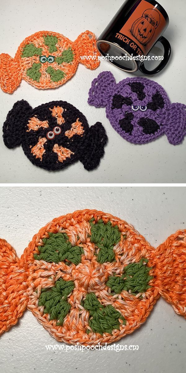 Three intricately crocheted Halloween-themed candy coasters.