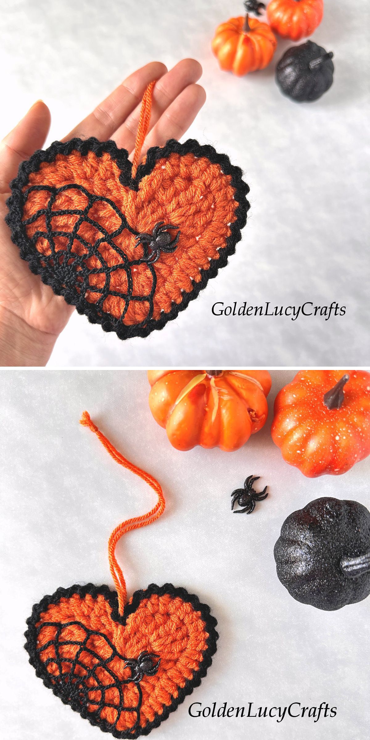 Crocheted orange heart with black spider and web design, displayed on a hand. 