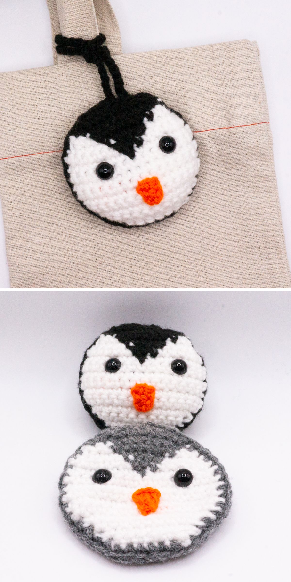 a crochet charm shaped like a penguin