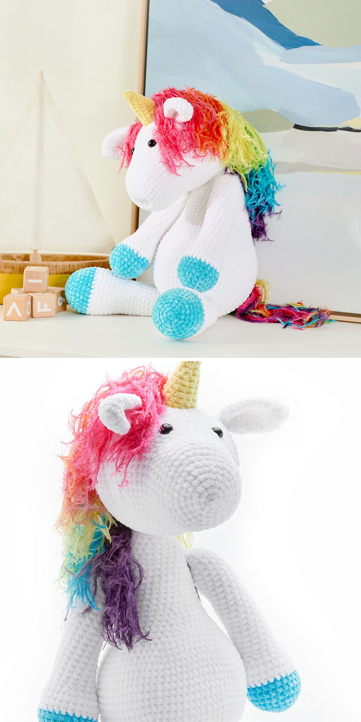 a crochet unicorn with a mane in rainbow colors