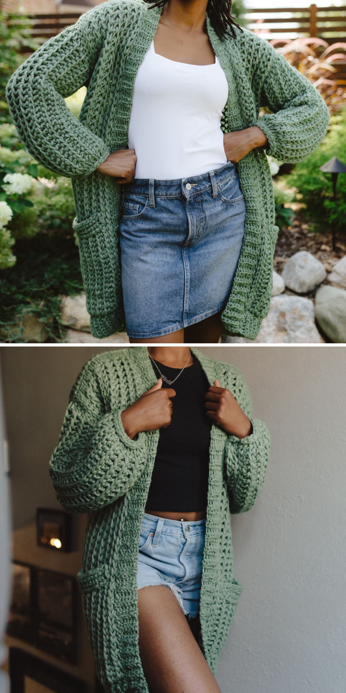 Two images of a person wearing a green crochet long cardigan. Top: white tank, denim skirt, outdoors. Bottom: black top, denim shorts, indoors.