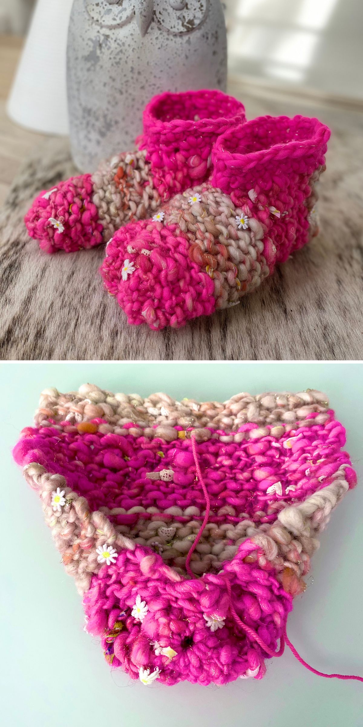 pink knitted baby booties with tiny flower embellishments