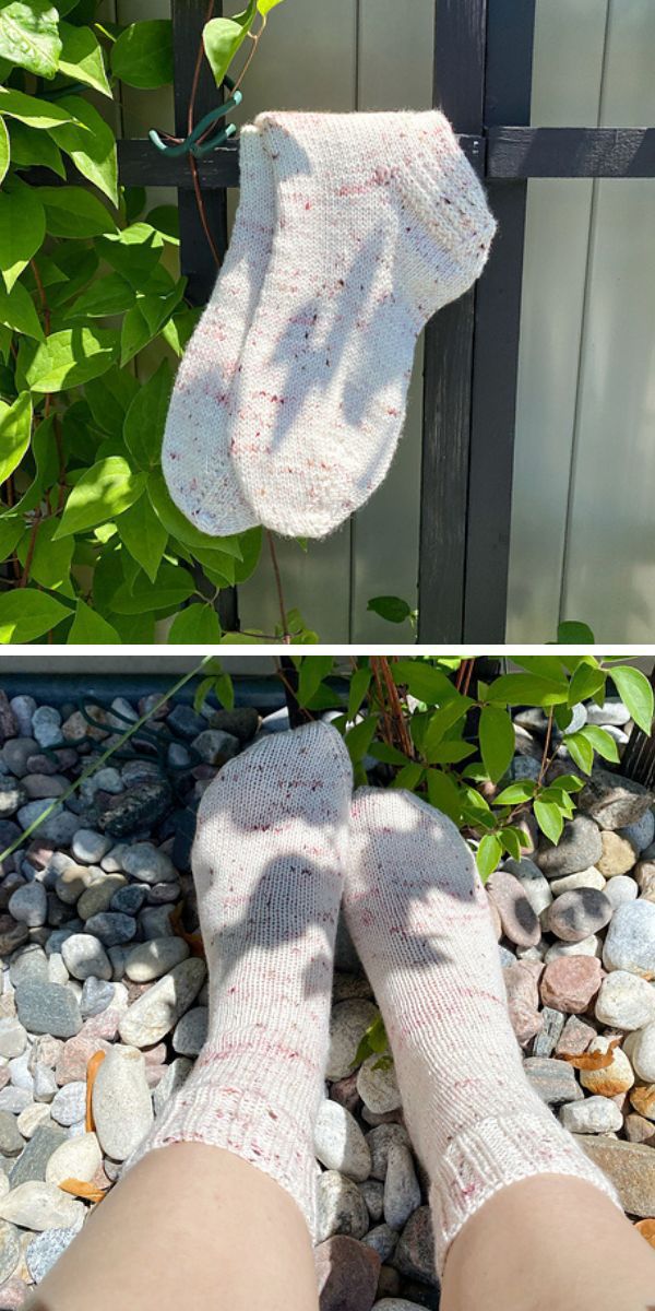 Top image shows white knitted socks hanging on a black metal fence. Bottom image showcases a pair of feet wearing white knitted socks.