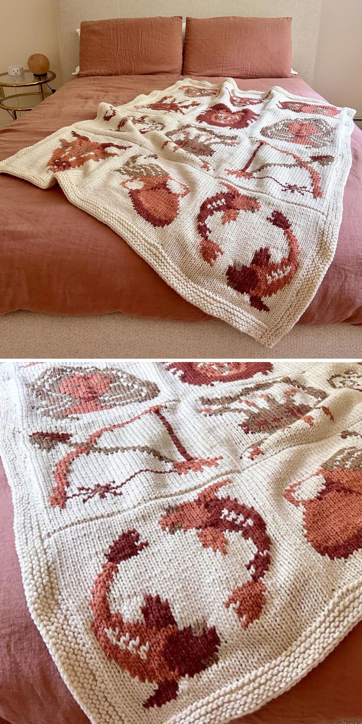 A cozy knitted blanket featuring zodiac icons.