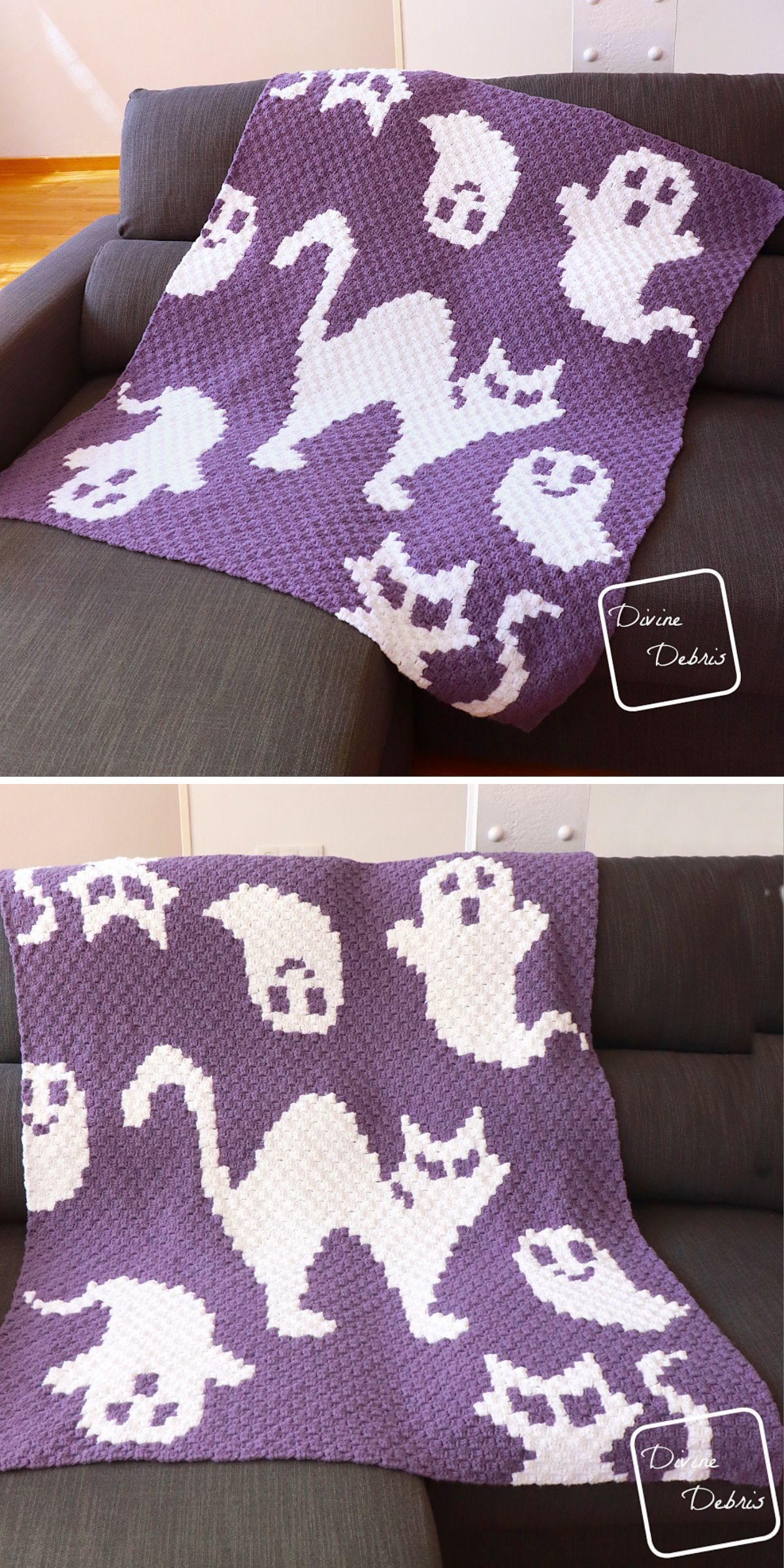 A purple crocheted blanket adorned with Halloween crochet patterns of white ghosts and cats is artfully draped over a dark gray couch.