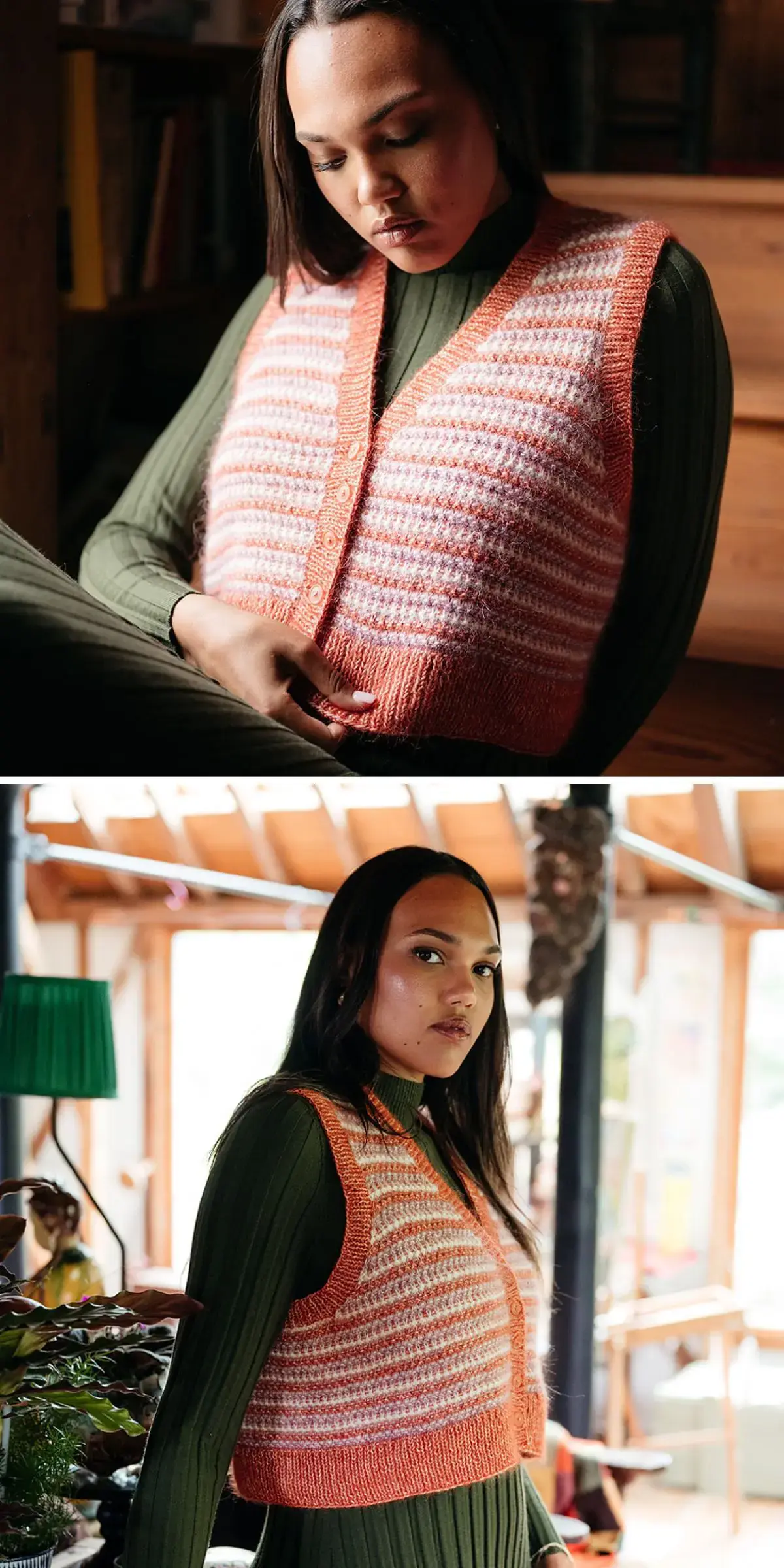 A woman elegantly wears a striped pink and white knit vest over a green long-sleeve top, seated indoors and standing by a window.