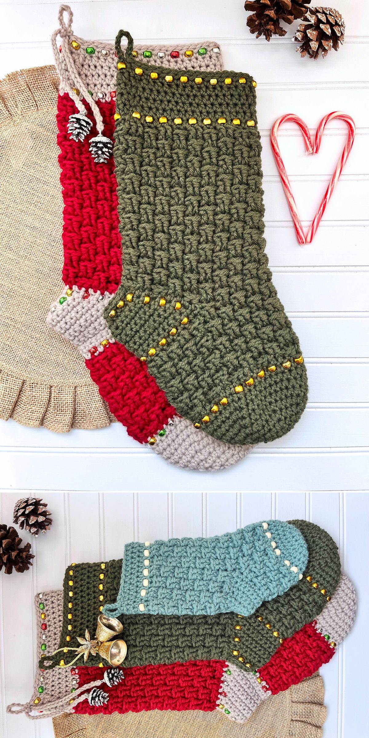 Two images of Crochet Christmas Stockings in red, green, blue, and gray, each adorned with beads and displayed with festive props like pinecones and candy canes.