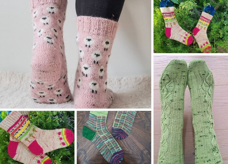 Collage of colorful, patterned hand-knitted socks: pink sheep motif, green cable knit, multicolored striped designs on varying backgrounds.