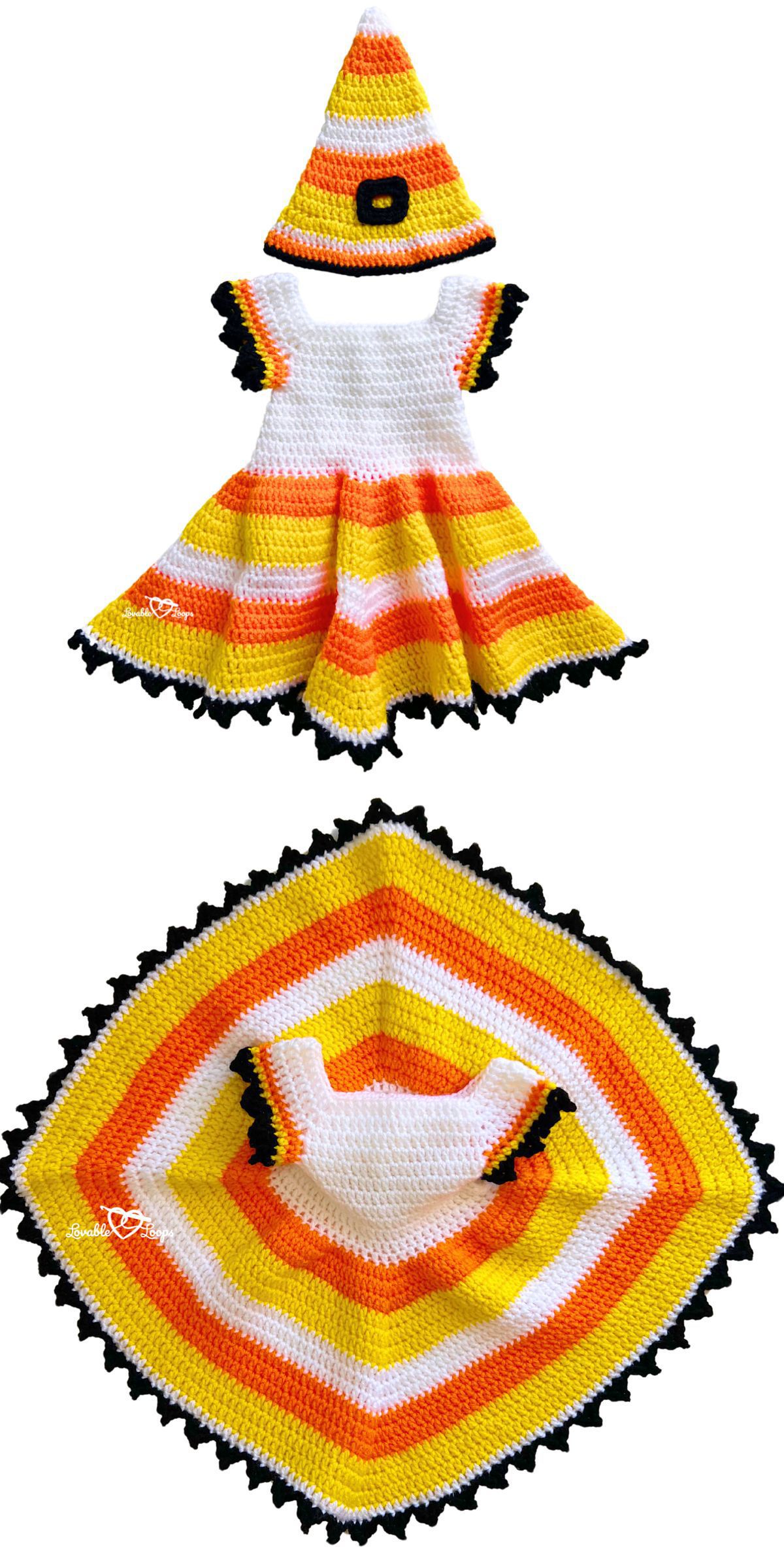 Crochet candy corn dress, matching hat, and poncho feature festive Halloween crochet patterns with vibrant orange, yellow, black, and white stripes.