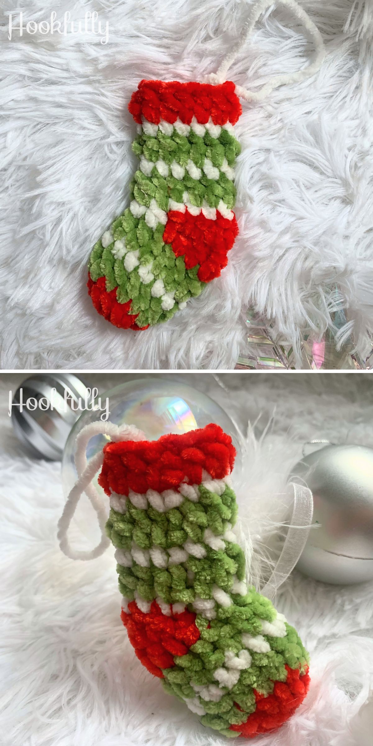 A small Crochet Christmas Stockings ornament in green, white, and red yarn is displayed on a soft white surface, surrounded by festive holiday decorations.