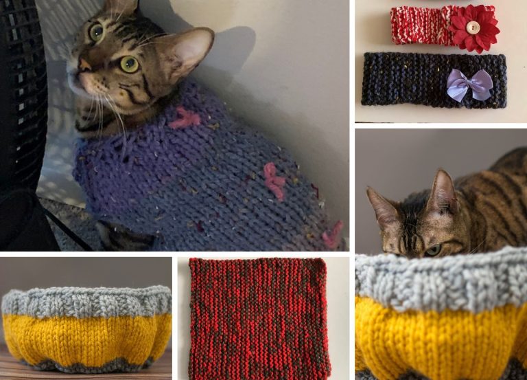 Compilation image includes a cat in a purple knitted sweater, two knitted dog collars, a cat peeking over a knitted item, a yellow and gray knitted bowl, and a red and black knitted square.