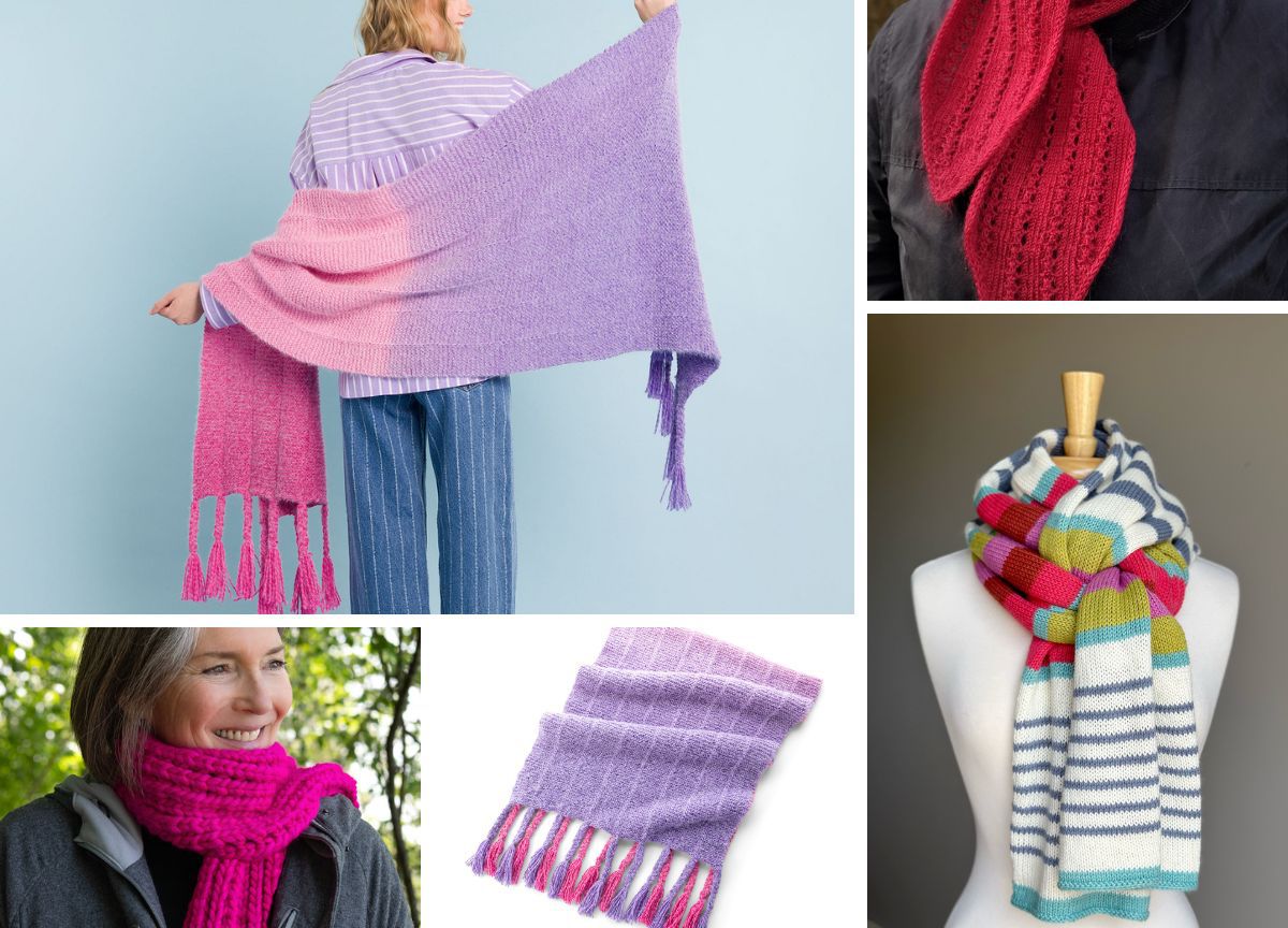 Collage of knitted scarves in various colors and styles.