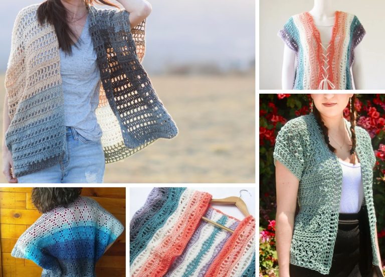 Collage of crochet clothing: woman in gray shawl, colorful lace-up vest on mannequin, woman in green cardigan, person wearing a multicolored wrap, a folded striped crochet piece on a hanger, and an elegant crochet kimono draped nearby.