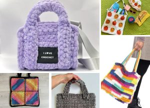 Explore an array of crochet bags and projects: a purple textured tote bag, pumpkin-adorned beauty, vibrant rainbow carryall, multicolor pot holders, and a hand showcasing a chic gray textured bag.