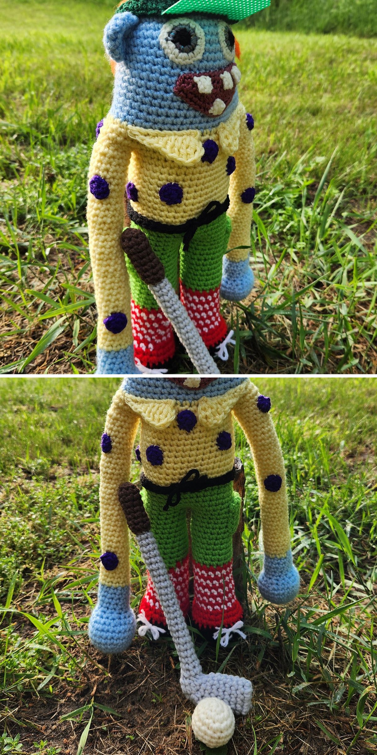 a quirky crochet monster doll with a golf cap and stick