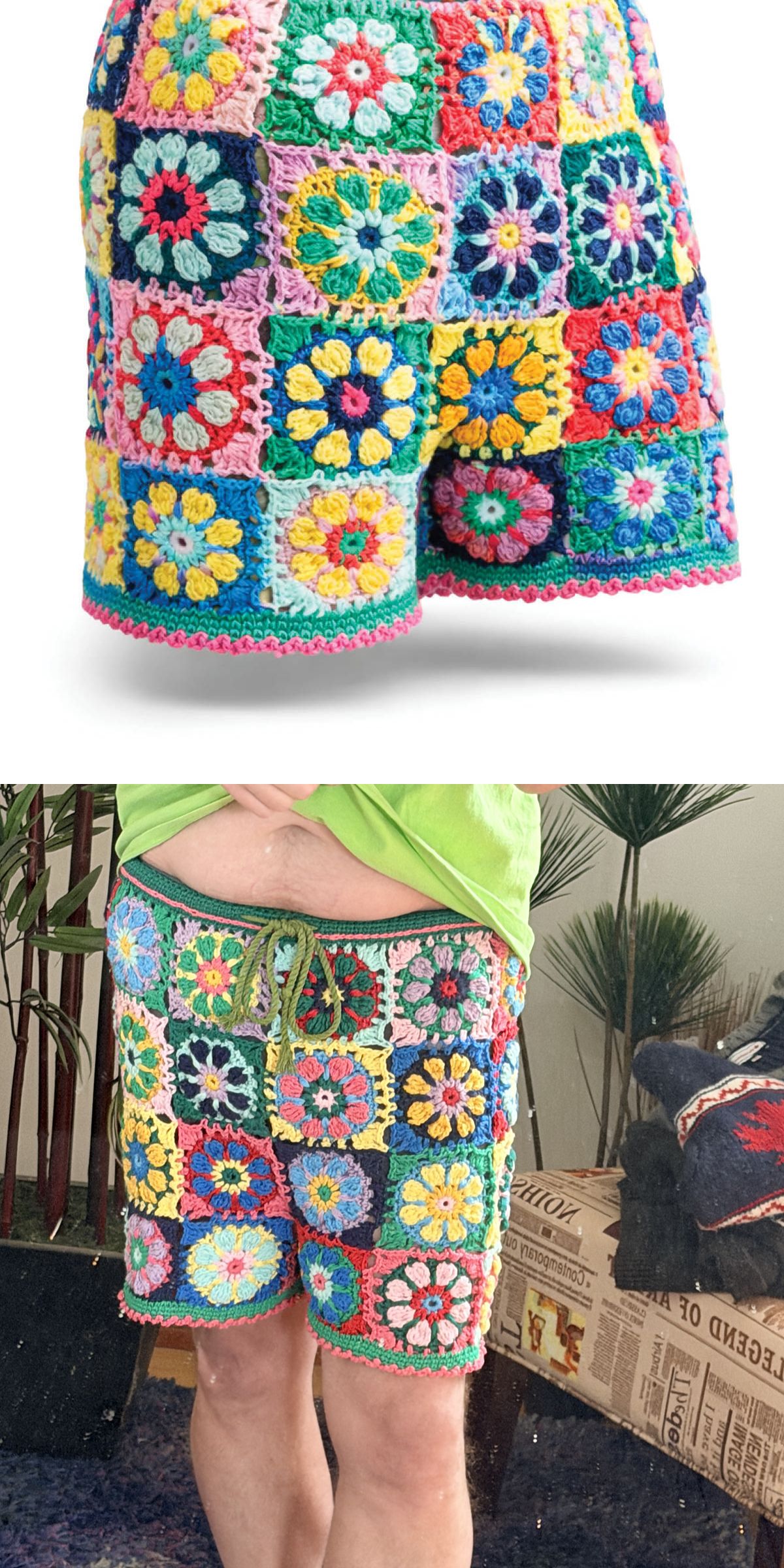 Two images of vibrant crochet shorts with a charming flower motif, shown alone and styled on a person indoors.