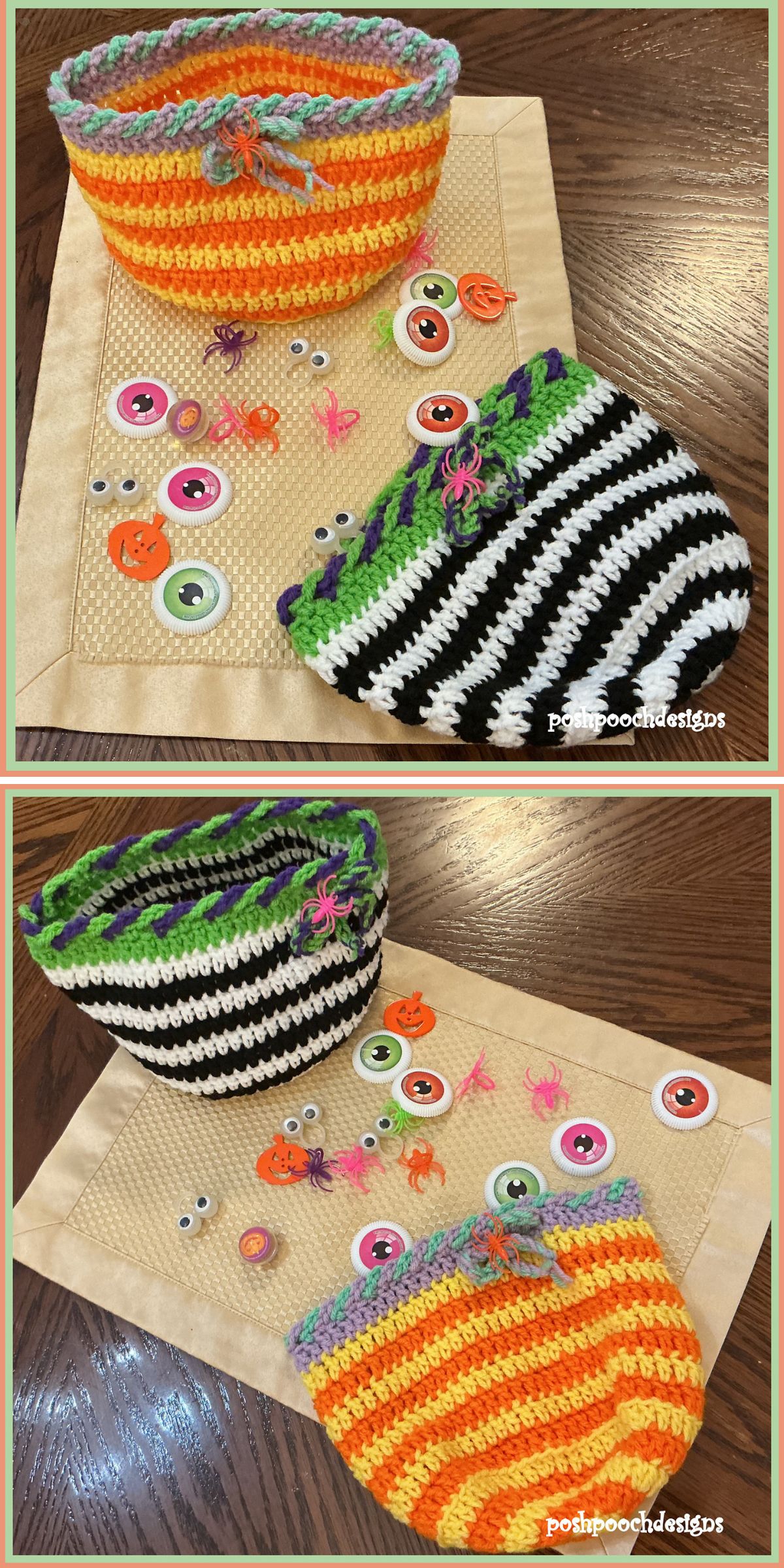 a crochet treat bag featuring a striped design in Halloween colors