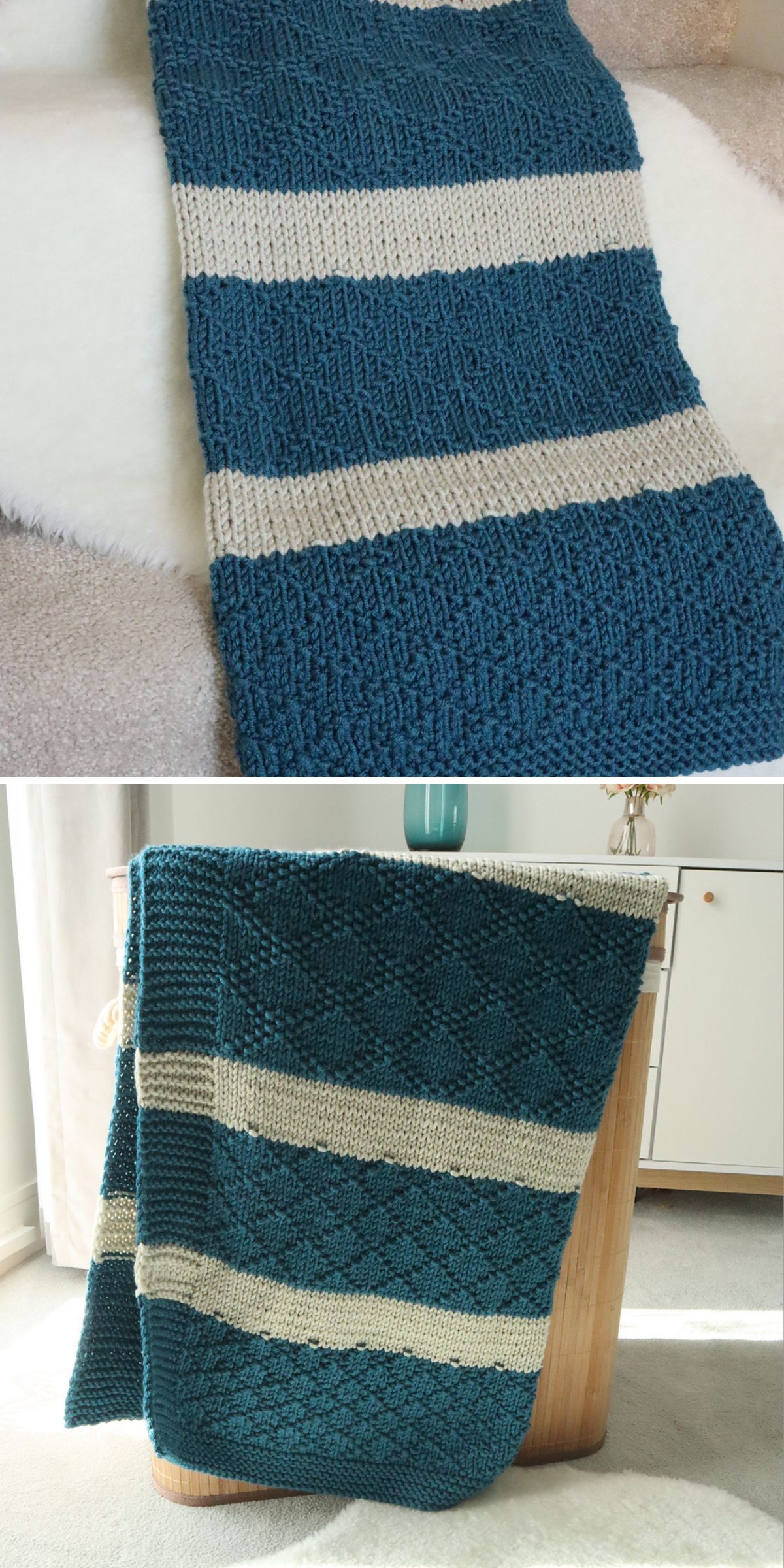 This cozy hand-knitted blanket, featuring classic blue and white stripes, elegantly drapes over the furniture. Its timeless knitted blanket patterns add a touch of charm and warmth to any room.