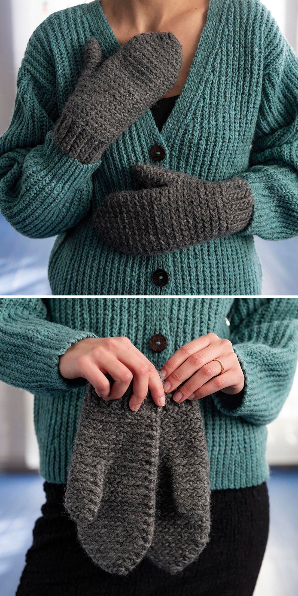 A person wearing a teal knit cardigan holds gray knit mittens, showcasing cozy fashion staples perfect for everyone, including mittens for kids, in two images.