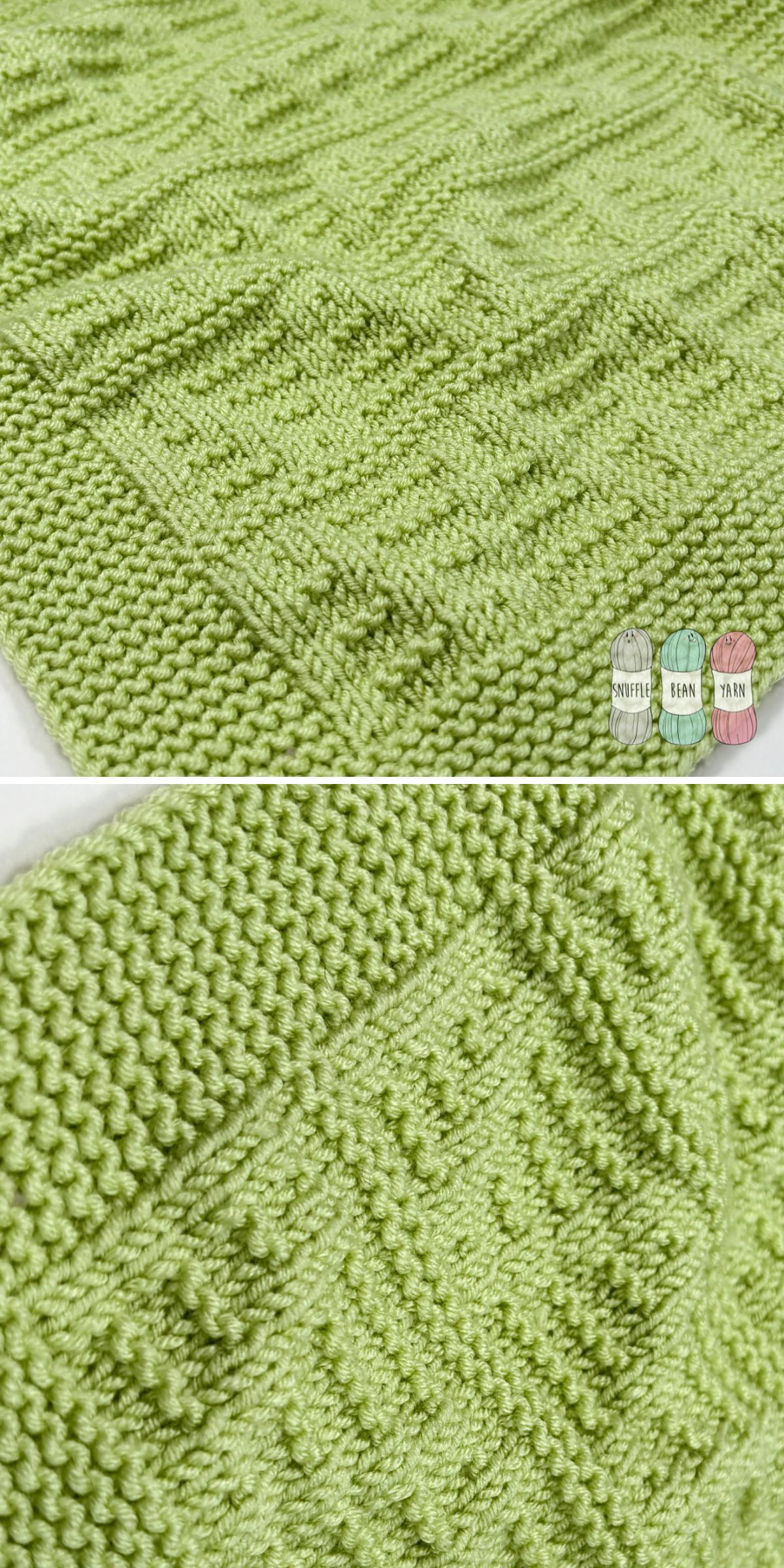 Close-up of a knitted green blanket showcasing intricate patterns. Yarn balls in green, mint, and pink neatly displayed in the corner add a playful touch, highlighting the allure of knitted blanket patterns.