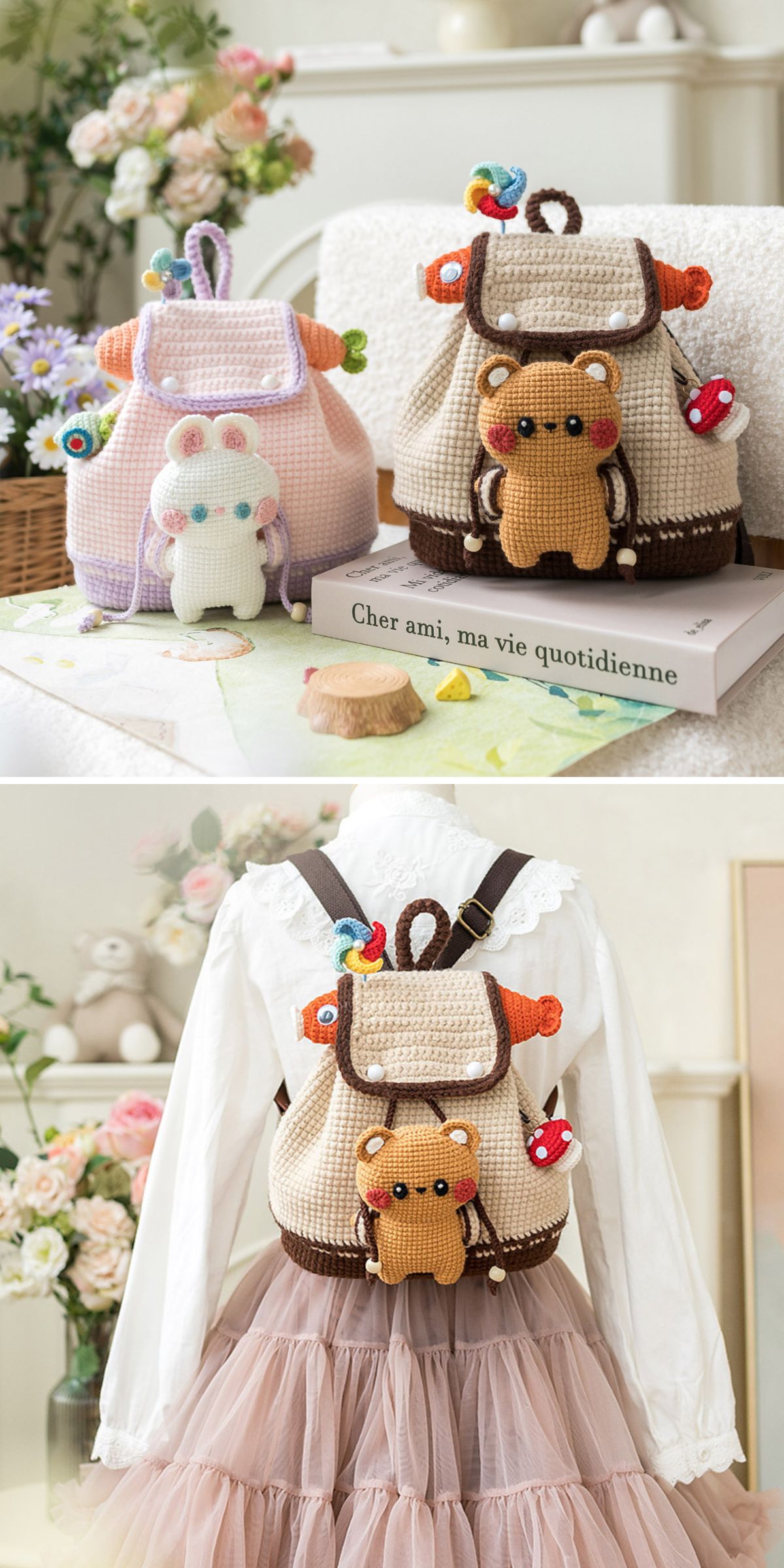 adorable crocheted backpacks with intricate embellishments 