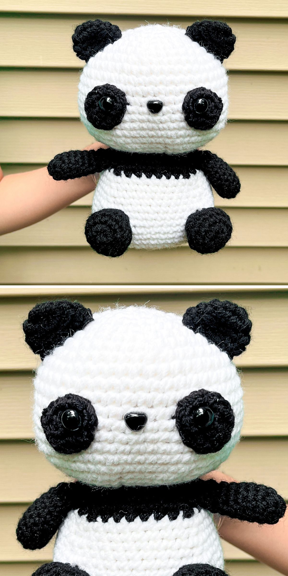 A hand holds a Crochet Panda plush toy with black ears, arms, and legs, against a beige wooden panel background.