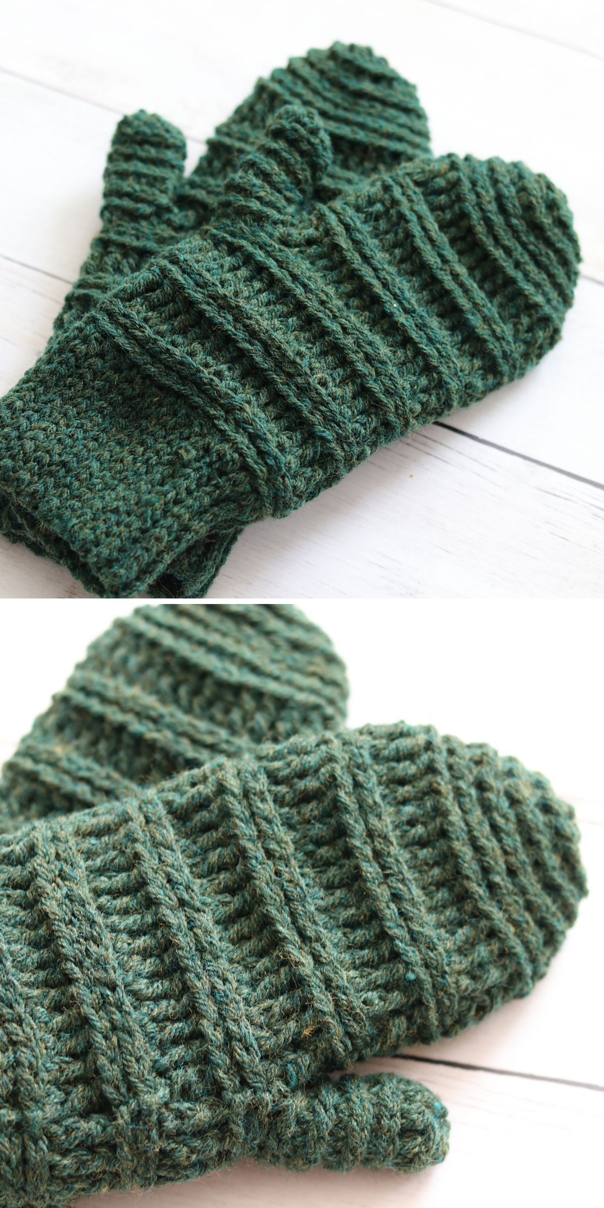 Close-up of two green knit mittens for kids with a ribbed texture, lying on a white surface.