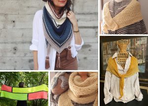 Collage of people wearing various knitted shawls in different colors and patterns.