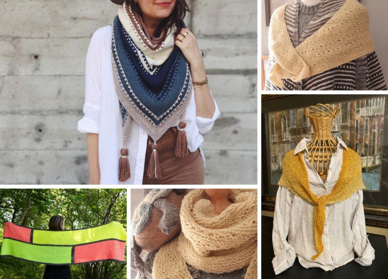 Collage of people wearing various knitted shawls in different colors and patterns.