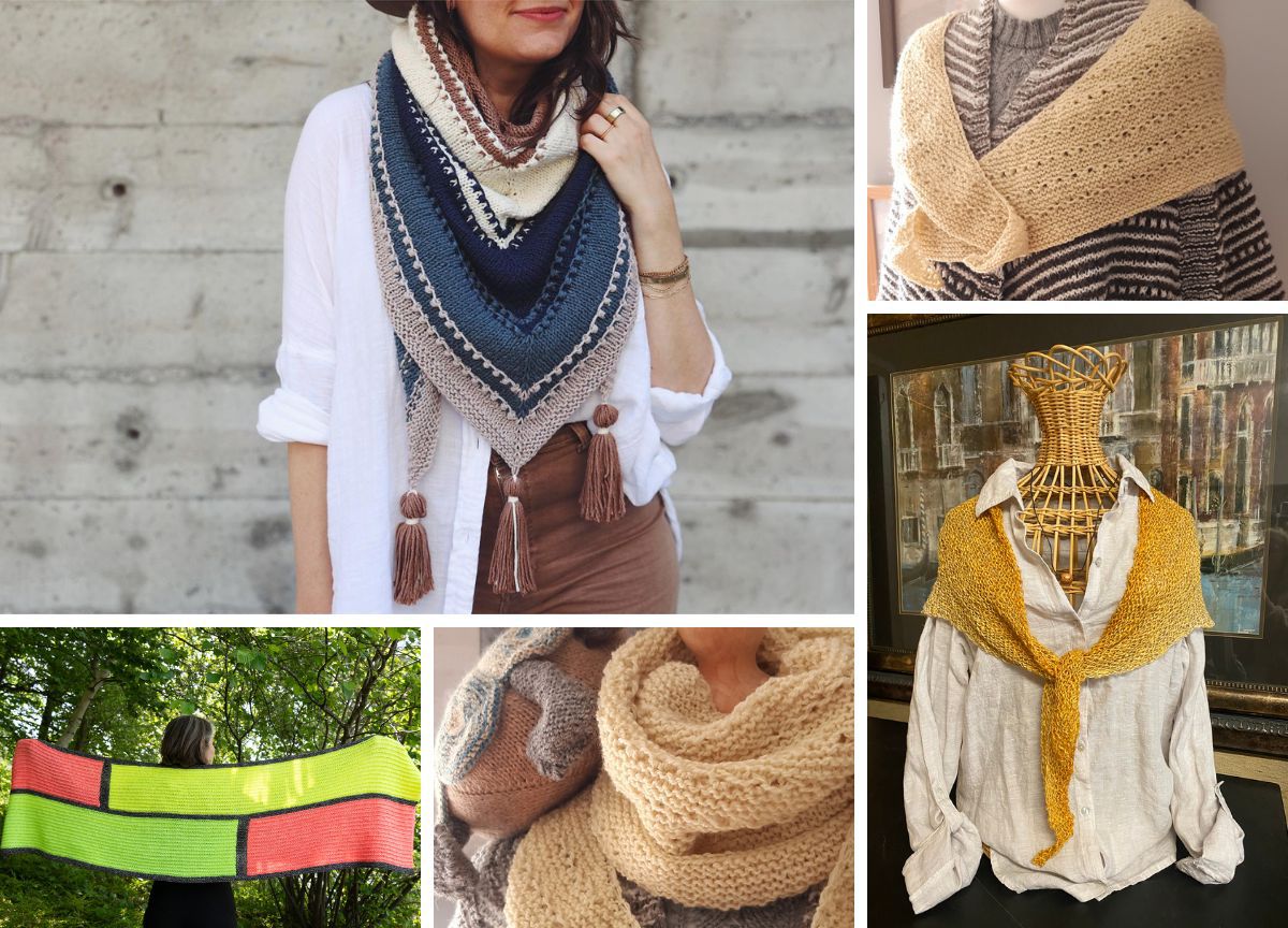 Collage of people wearing various knitted shawls in different colors and patterns.
