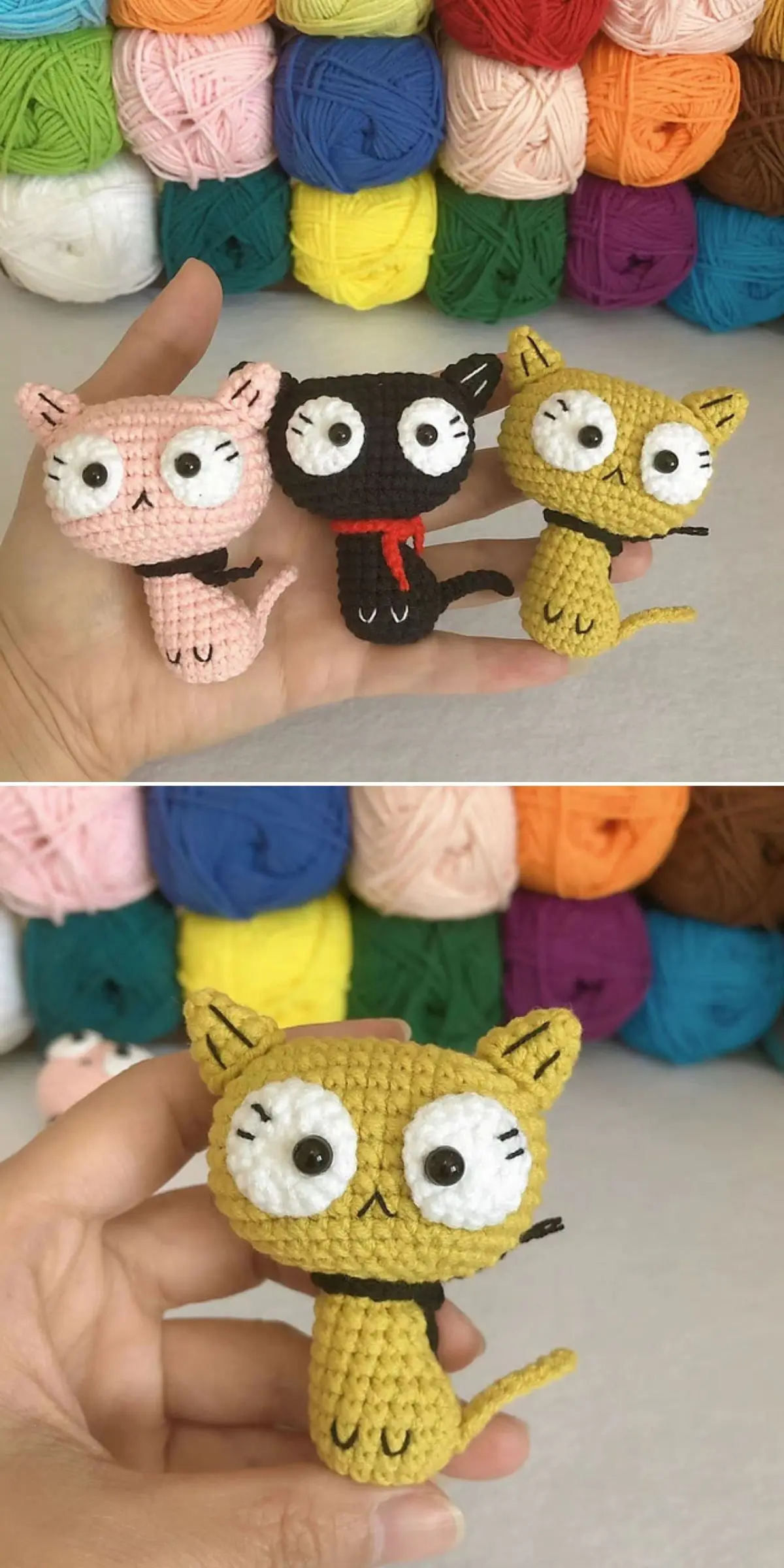 Crocheted cat figures in pink, black, and yellow are gently held in a hand, set against a vibrant backdrop of colorful yarn skeins.