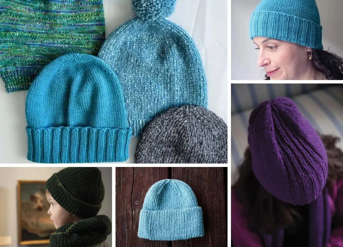 Collage of people wearing knitted hats in various colors, including teal, blue, gray, green, and purple, displayed on different backgrounds.