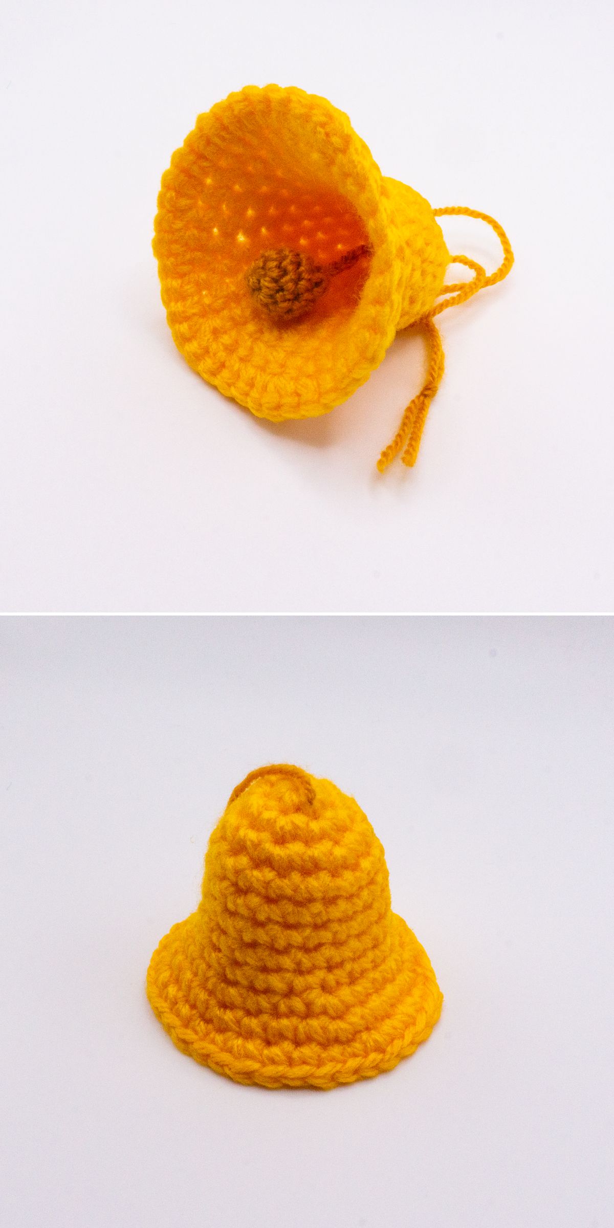Two views of a small, crocheted yellow flower; one shows the interior with a stamen, the other resembles crochet Christmas bells with its delicate bell-shaped exterior.