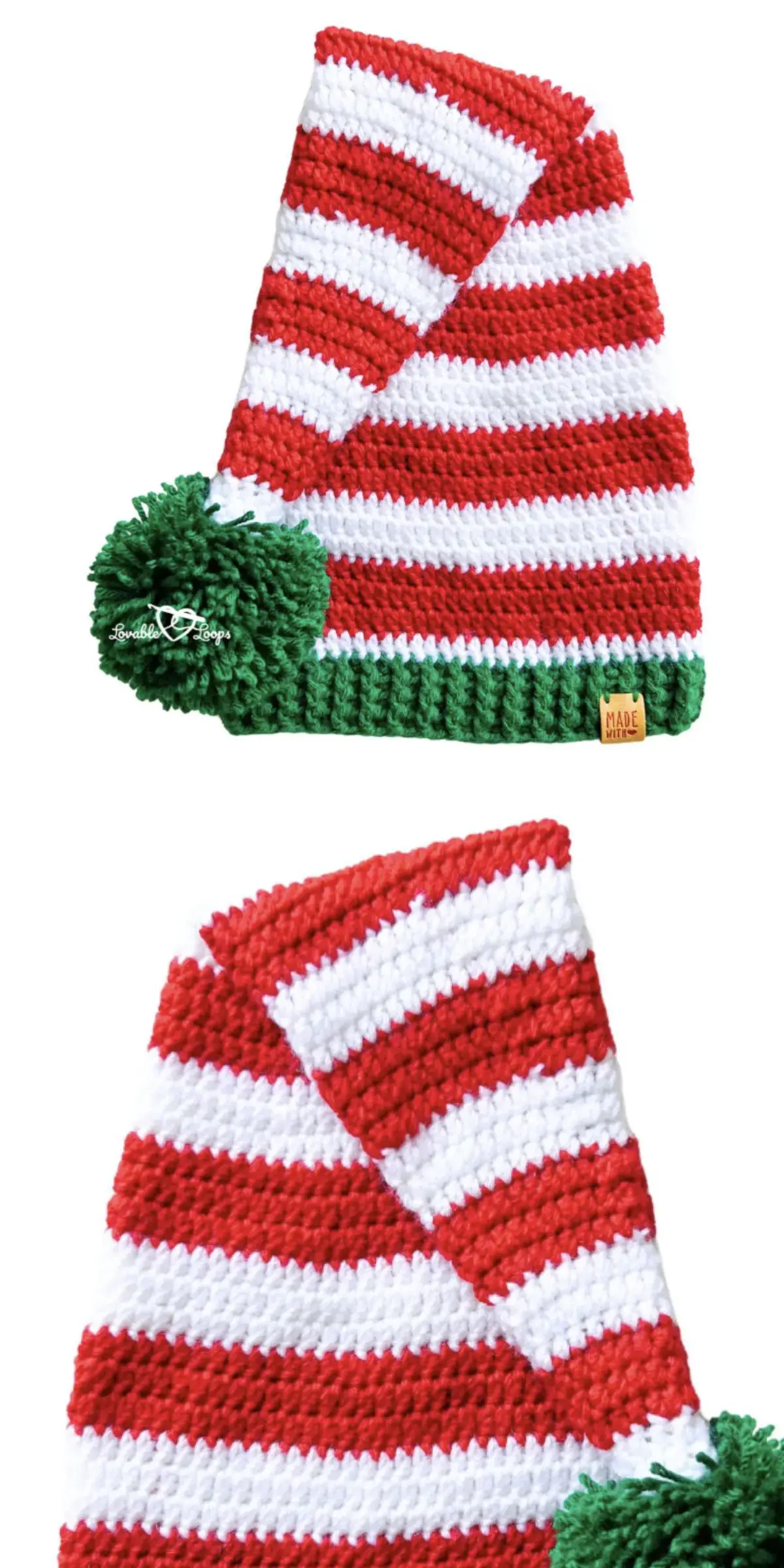 These charming red and white striped crochet hats, reminiscent of a crochet Santa hat, feature playful green pom-poms.