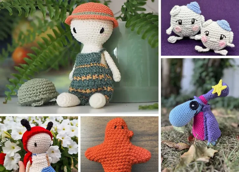 A collage of five crocheted toys including a character in a striped outfit, two sheep, a character with a red hood, an orange starfish, and a purple creature with a star-shaped hat.