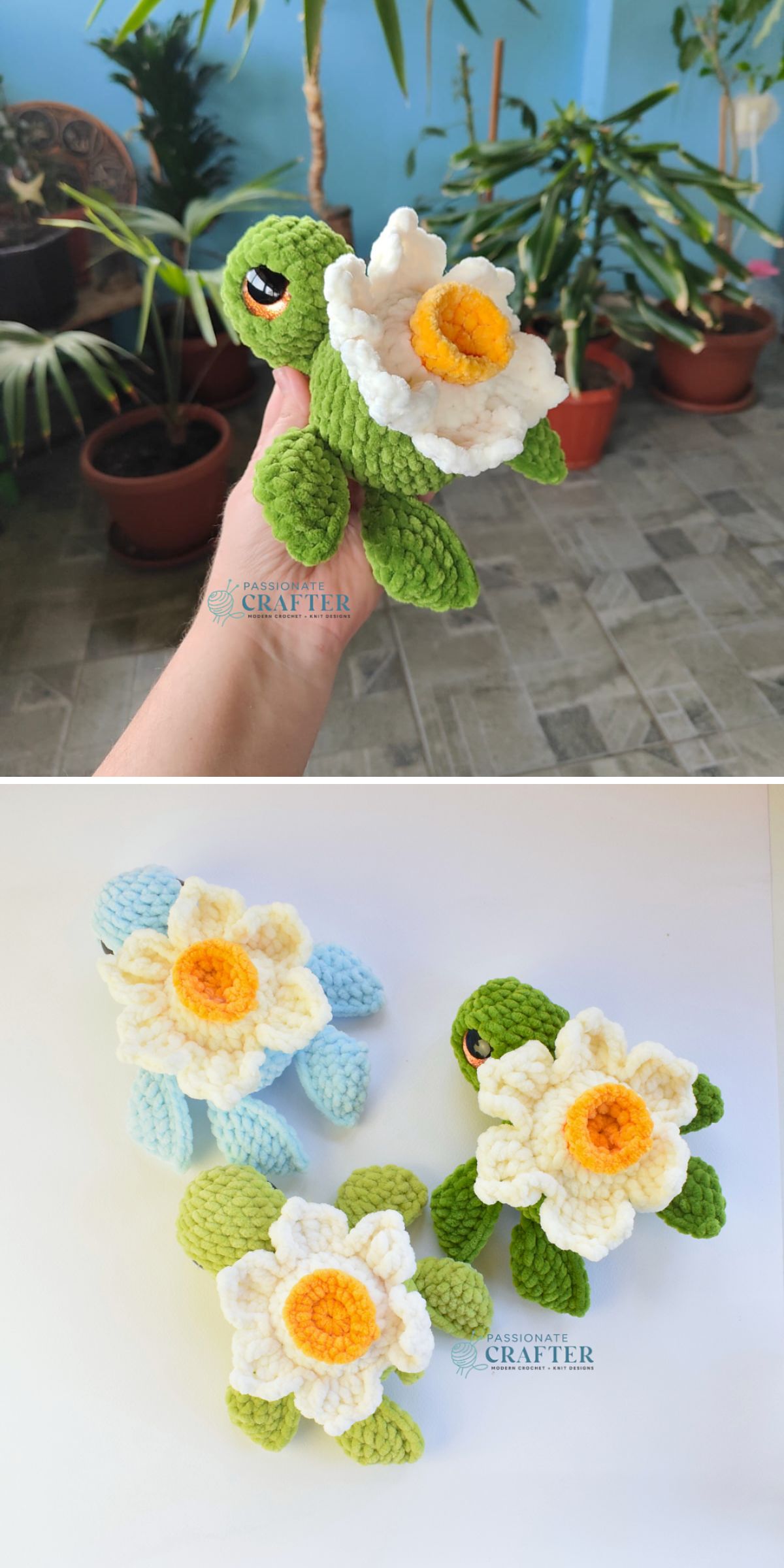 crochet turtles with daffodil shells
