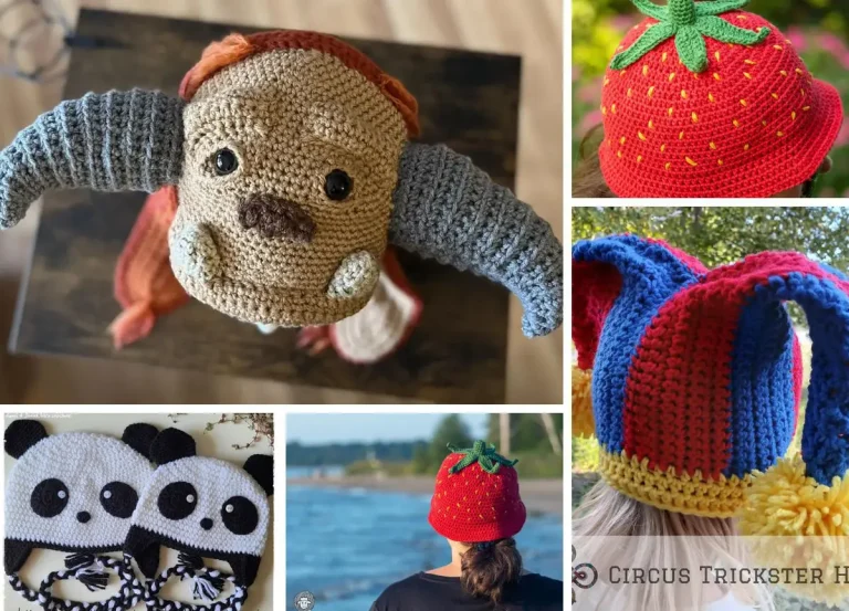 A collage of crochet hats: a brown animal with gray ears, strawberry, panda faces, a strawberry hat worn by a person, and a colorful jester-style hat.