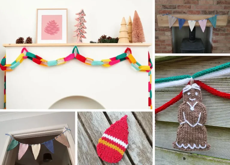 Colorful knit decorations, including garlands, a Santa hat, and a gingerbread figure, adorn a fireplace and walls.