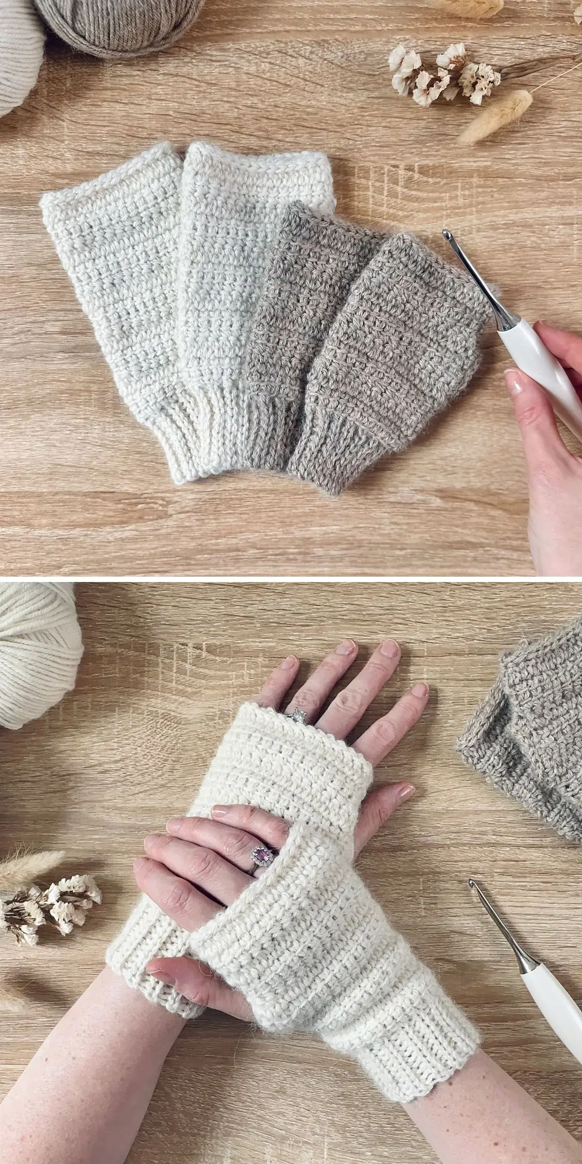 Crocheted fingerless gloves in white and beige rest on a wooden table. One hand skillfully maneuvers a crochet hook, while the other wears a stylish warmer. Nearby, yarn and finished pieces complete the cozy scene.