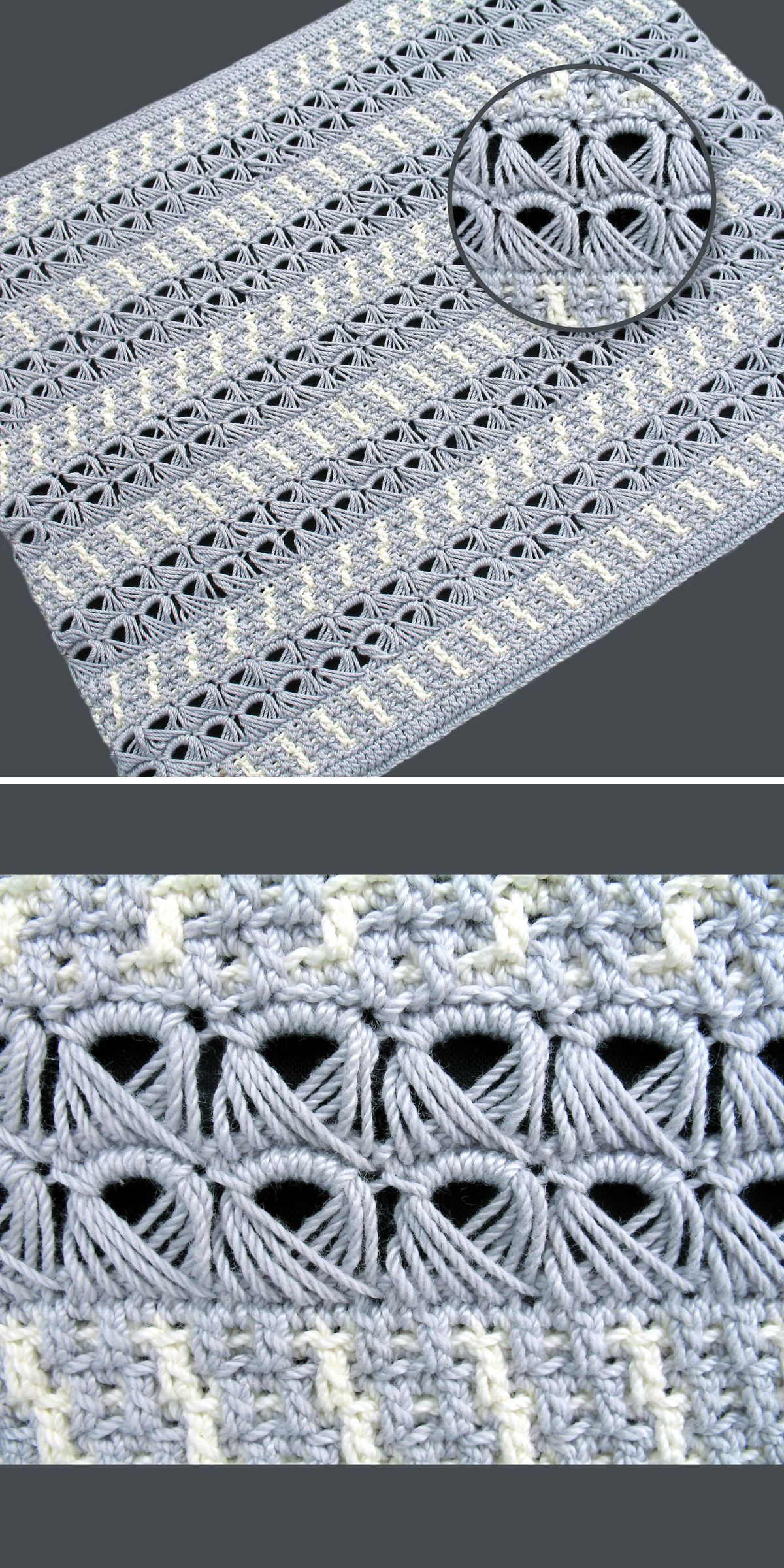 A crocheted placemat featuring a geometric pattern of interlocking loops in gray and cream. The close-up highlights the intricate stitching.