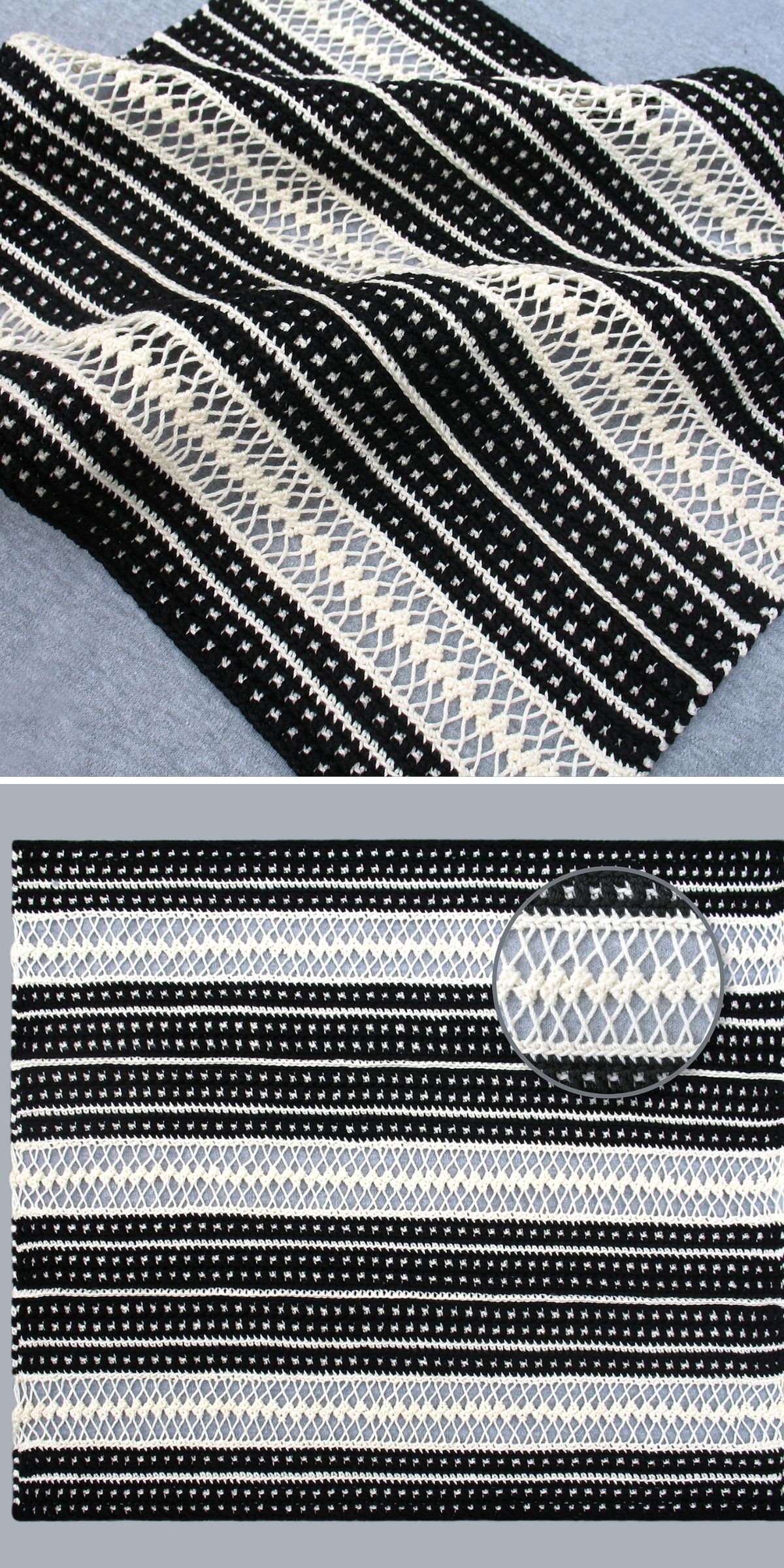 A black-and-white crochet placemat with striped patterns and intricate geometric designs.