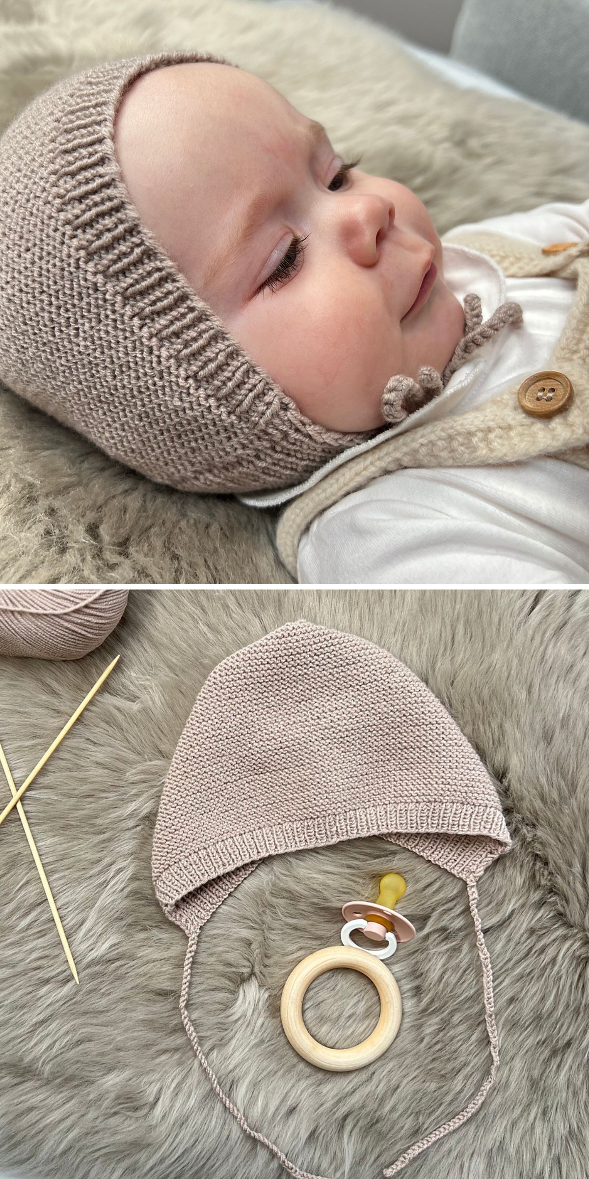 a knitted baby bonnet in a neutral color